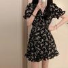 Black Floral Dress Looks Thin Summer New Skirt French Waist Lotus Leaf Short Skirt Tie-dye