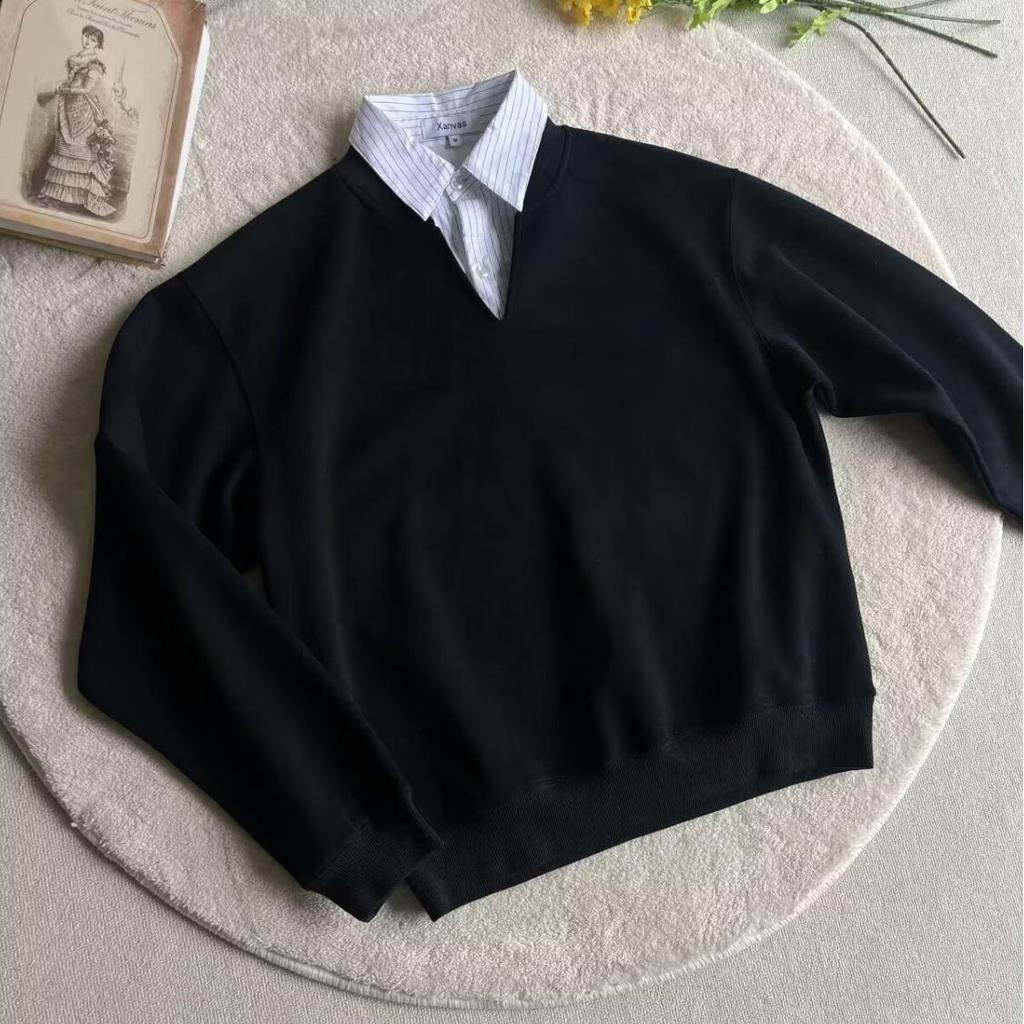 Premium Academia-Style Men's Long-Sleeve Hoodie Shirt - Faux Two-Piece Polo Collar for Autumn/Winter