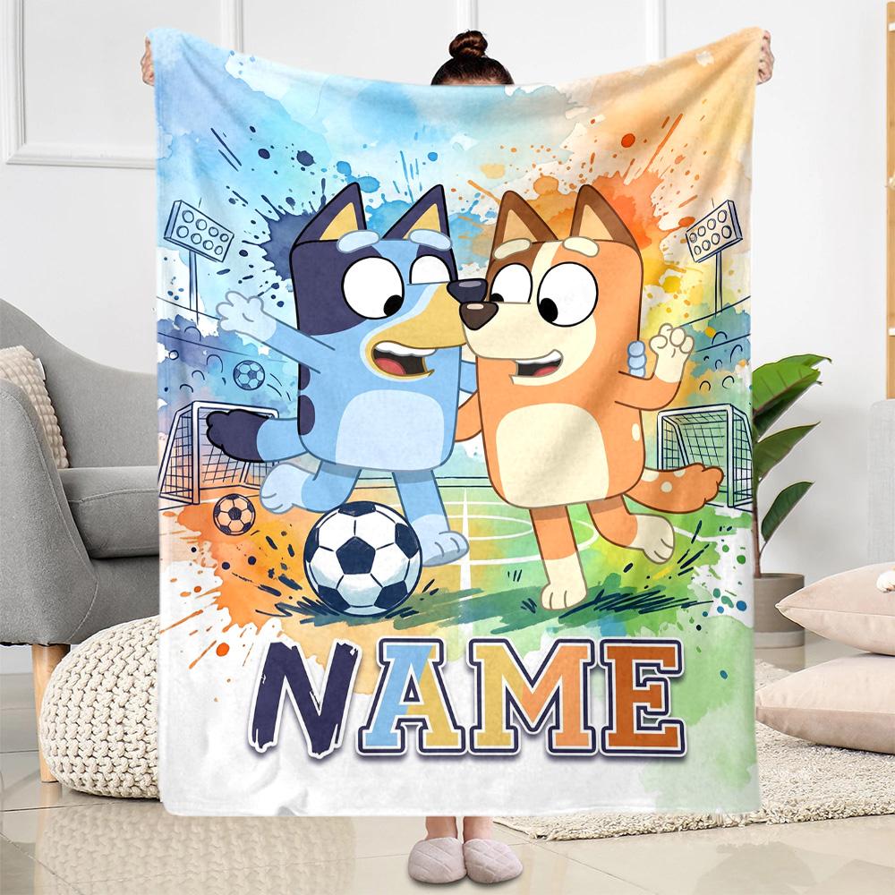 Bluey Soccer Adventure Customize Text Blanket Cozy Customizable Blanket Comfortable Great for Bedding Couch Sofa Office Chair Four Seasons Universal