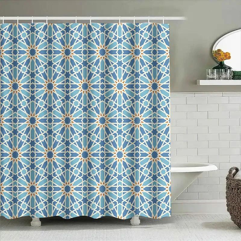 Modern Moroccan Tile Pattern Shower Curtain Blue White Geometric Design For Bathroom Decor Waterproof Fabric Shower Panel