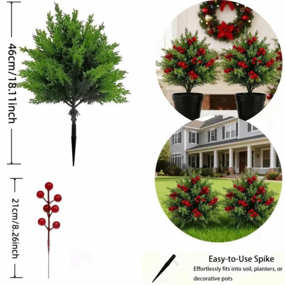 Greenery Artificial Pine Needle Green Plant with Ground Plug Christmas Branches Red Berry DIY Artificial Shrubs Bushes Christmas