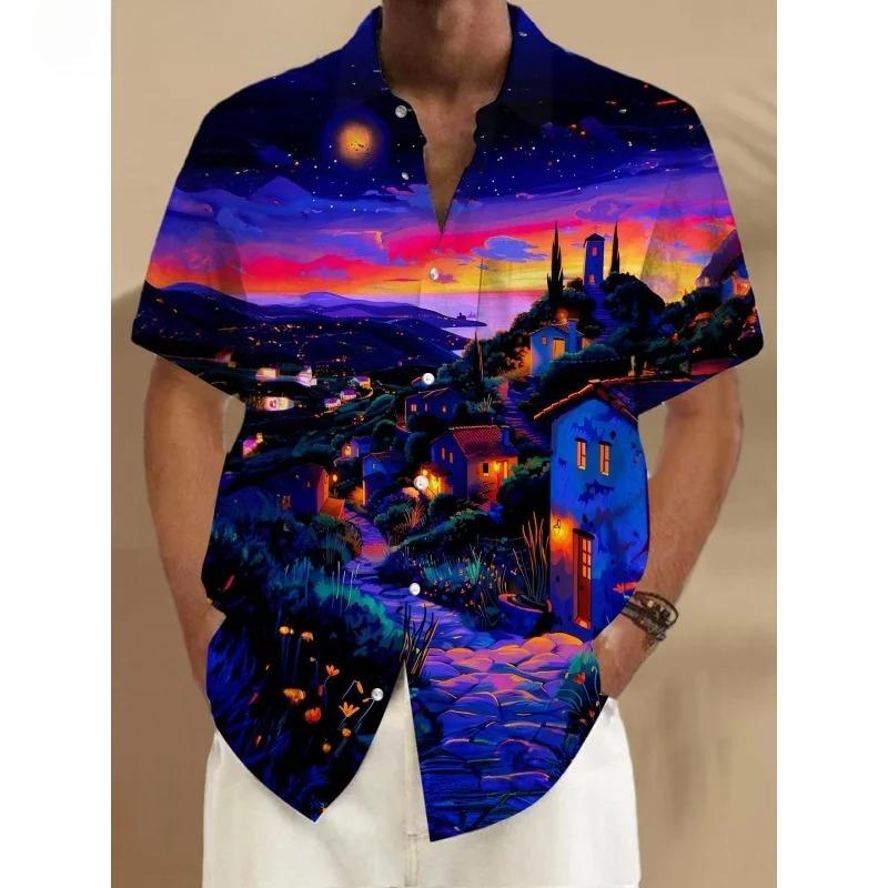 Dreamy Village Pattern Lapel Shirt for Men Flower Bird Boat 3D Printed Hawaiian Shirts Fashion Short Sleeve Tops Button Blouse