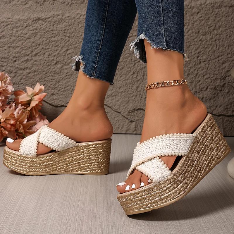 Fashion Woven Chunky Platform Sandals Women Fashion Cross Band High Heels Slippers Woman Plus Size Thick Sole Summer Sandles Mujer 42