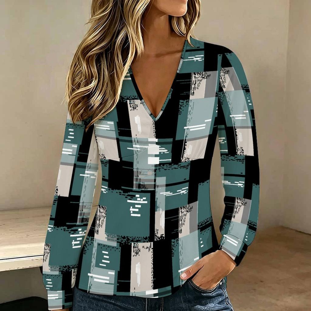 Women Plus Size V Neck Long Sleeve Blouse Vertical Stripe Print Puff Sleeve Casual Office Daily Top