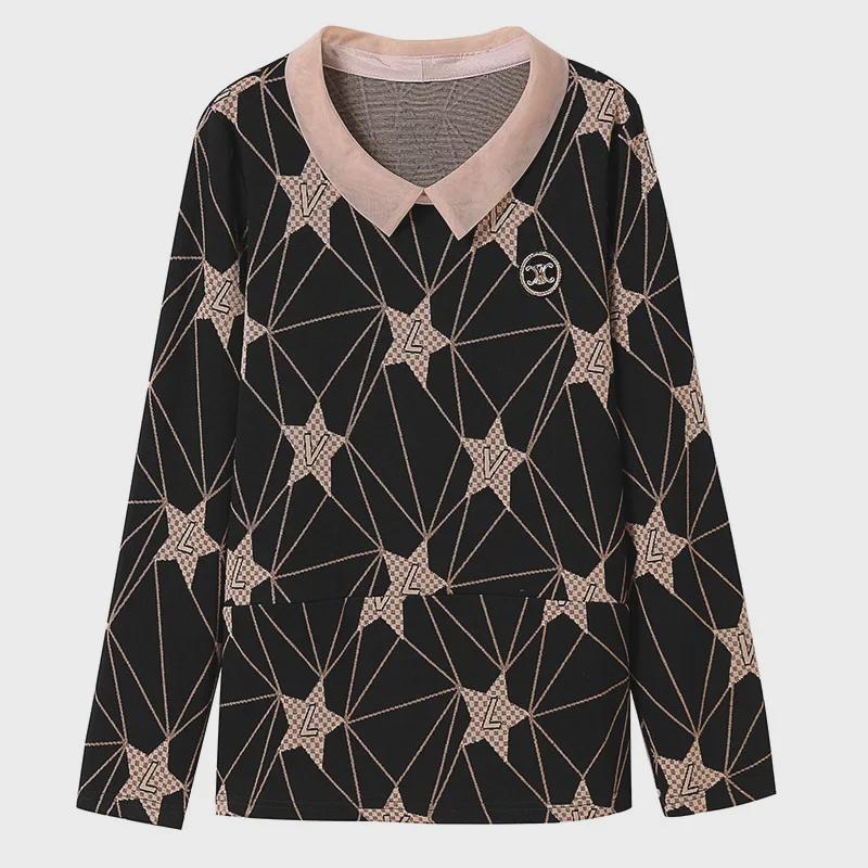 Large Loose Korean Doll Collar Long-Sleeve Mesh Print Top for Middle-Aged Women - Spring Fashion