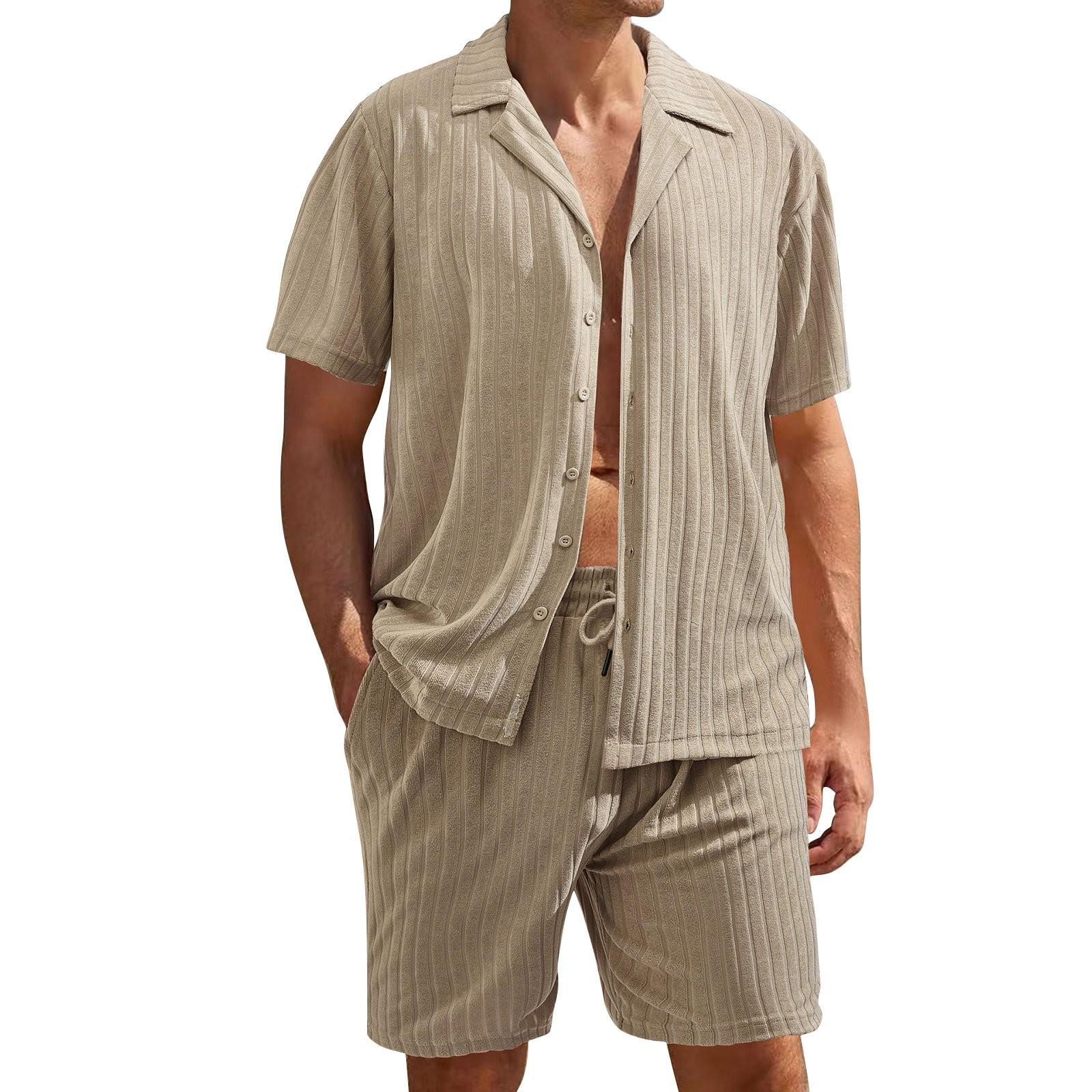 

Чоловіча однотонна смугаста вінтажна сорочка з лацканами на ґудзиках з коротким рукавом XXL хакі