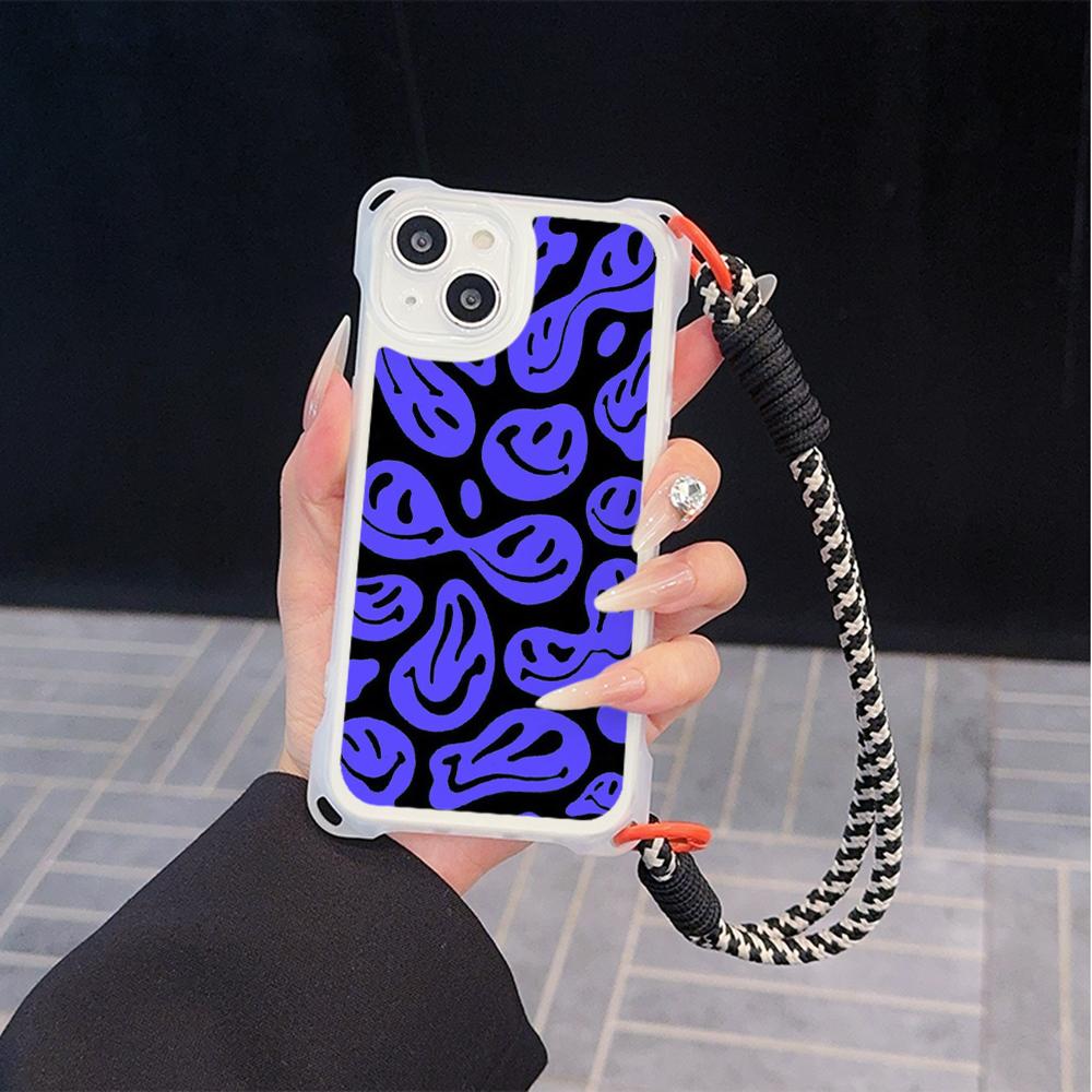 Ae88 Lovely Smiley Art Soft Phone Cases for iPhone 16 15 14 13 12 11 Pro Max XR with Wrist Strap Lanyard Corner Protection Back Cover