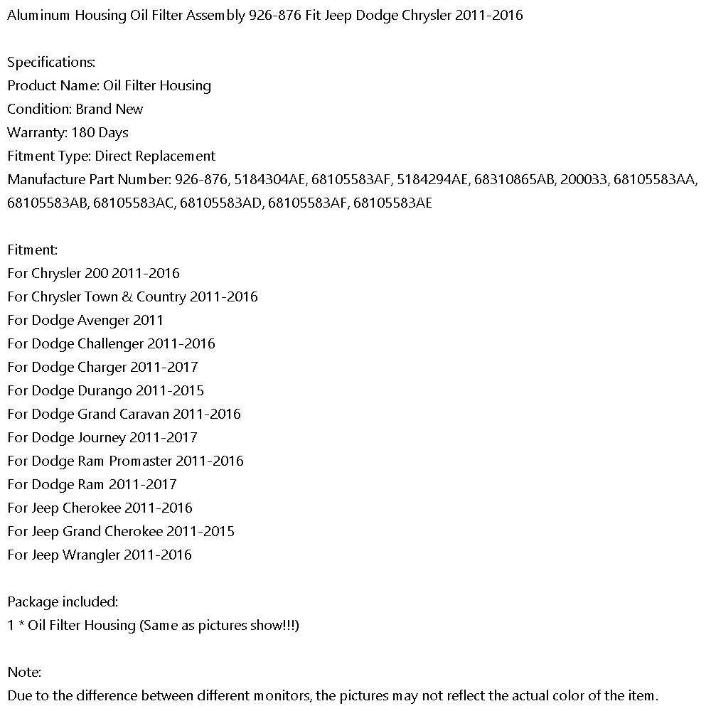 Aluminum Housing Oil Filter Assembly 926-876 Fit Jeep Dodge Chrysler 2011-2016