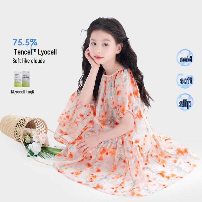 TUTUXIANG Girl s Lyocell Floral Puff Sleeve Princess Dress 160