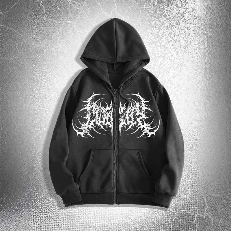 Unisex Gothic Y2K Skull Butterfly Print Hooded Zip-Up Sweatshirt Loose Fit Streetwear Fall