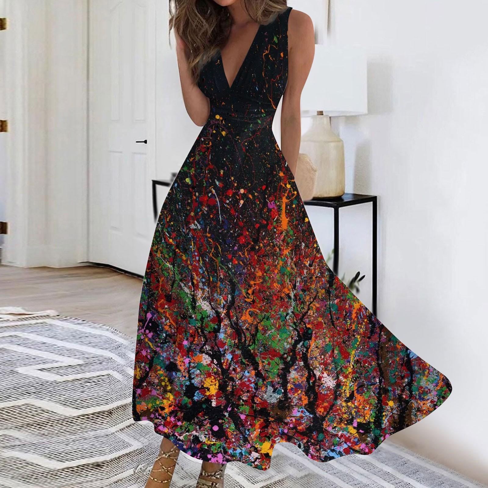 

Женское длинное платье Платье макси Повседневное платье Летнее повседневное платье без рукавов с v-образным вырезом в стиле бохо с талией и принтом XXXL