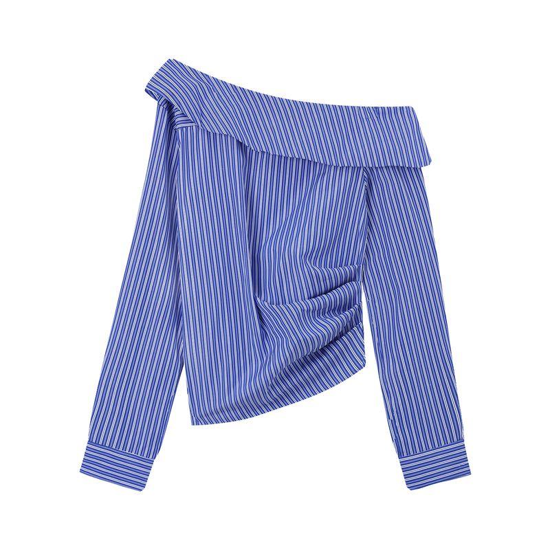 

Kumikumi Chic Contrast Color Stripe Sloping Shoulder Long sleeve Shirts Women clothes Autumn Niche Retro Pleat off-Shoulder Top Image color L