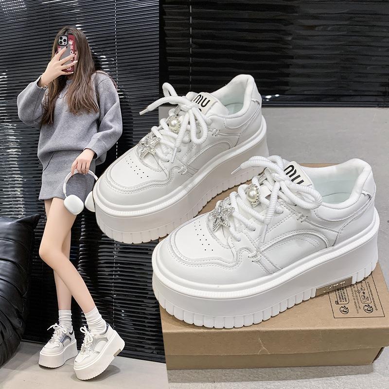 Platform White Shoes Women's Early Spring New Versatile Sports and Leisure Shoes Heightening Lace-up Board Shoes Women