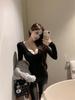 Women's Black Lace Splicing V-Neck Open-Back Long-Sleeve Top for Autumn/Winter