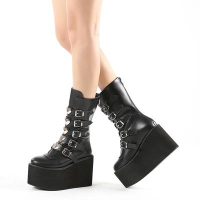 Heiße Marke INS Demonias Schuhe Plattform Herz Schnalle Keile High Heels Motorrad Mittlere Waden Stiefel Frauen Gothic Straße Kühlen