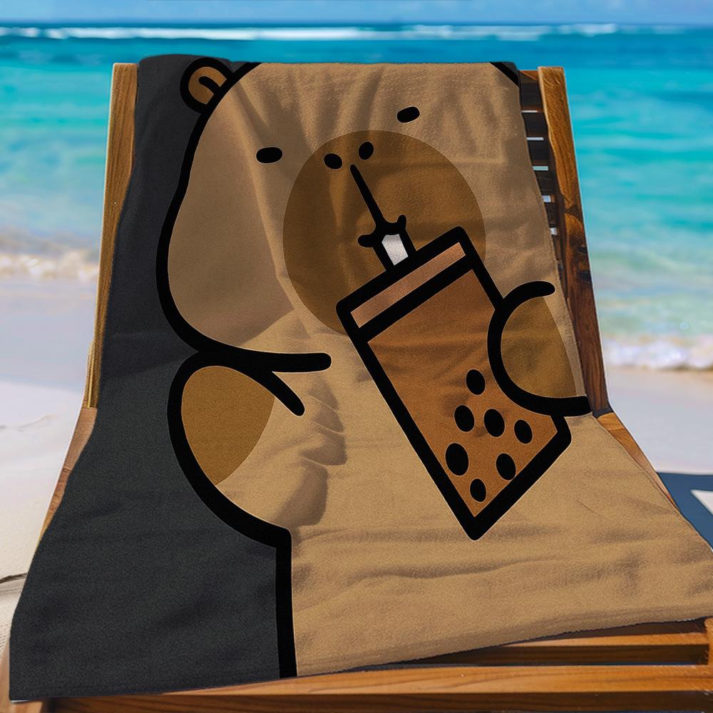 1pc Capybara & Bubble Tea Print Beach Towel, Fun Quirky Design, Soft Lightweight Towel Ideal for Swimming, Camping, Bathing