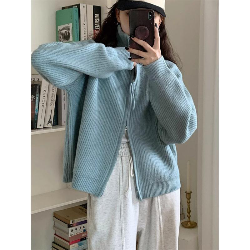 Stand-up collar pit strip double-ended zipper knitted cardigan top trendy autumn and winter new soft waxy meat-covering thin sweater jacket women