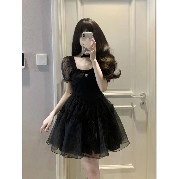

Женское высококлассное платье во французском стиле черного цвета с пышными рукавами - Летнее облегающее талию короткое платье принцессы Small чёрный
