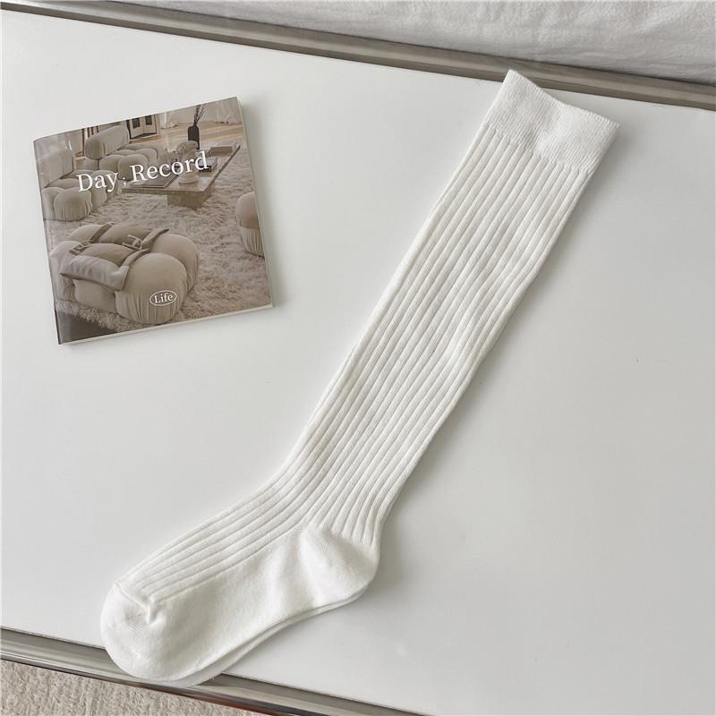 Miu Style Women's Retro Vertical Striped Mid-Calf Socks - Versatile Solid Color Slimming Slouch Socks