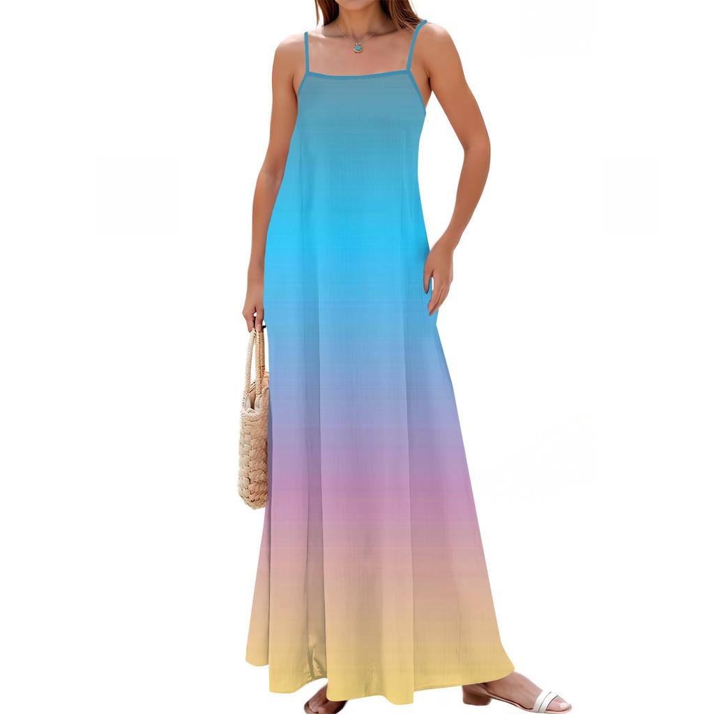 Women's Spring And Summer Casual Fashion Adjustable Suspenders Printed Long Dress