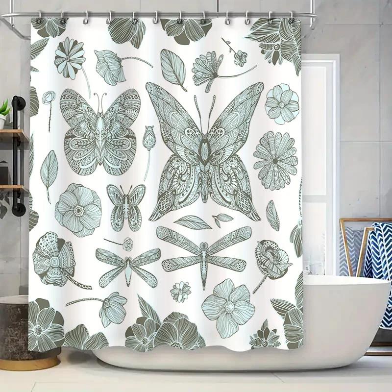

Винтажная шторка для ванной с цветочным принтом и бабочками, зеленовато-серая шторка для душа для украшения ванной комнаты W90xH180cm