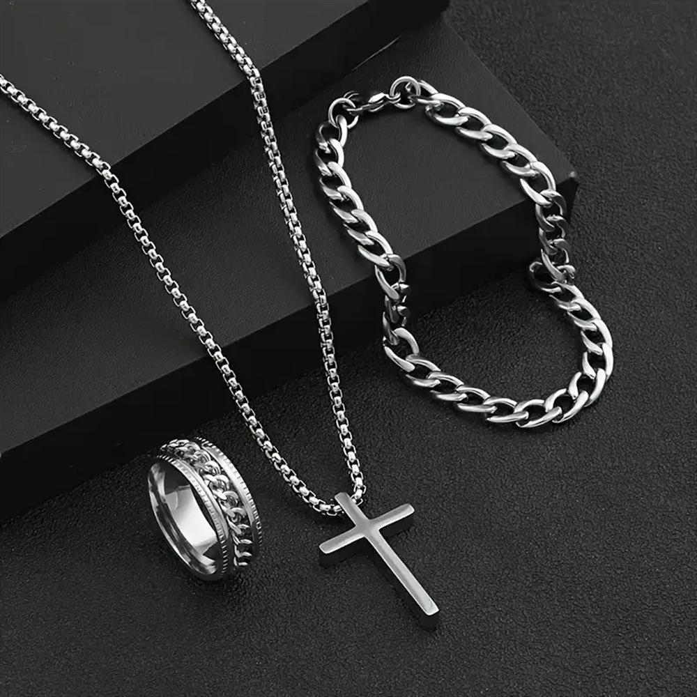 3Pcs Black Stainless Steel Jewelry Set For Men Women Bracelet Rotatable Ring Cross Pendant Chain Necklace Accessories