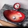 Oval Red Bathroom Basin Glass Sinks Countertop Vessel Washbasin Tempered Glass Sink Antique Brass Retro Waterfall Faucet Set