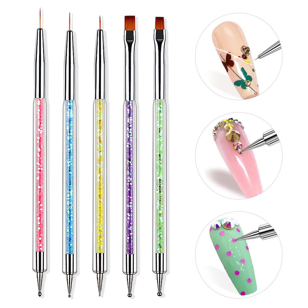 Nail Art Tools, Double-Ended Point Drill, Pull-Line Pen, Sequin Pack Of 5 Pcs, Set Of Painting Pens.