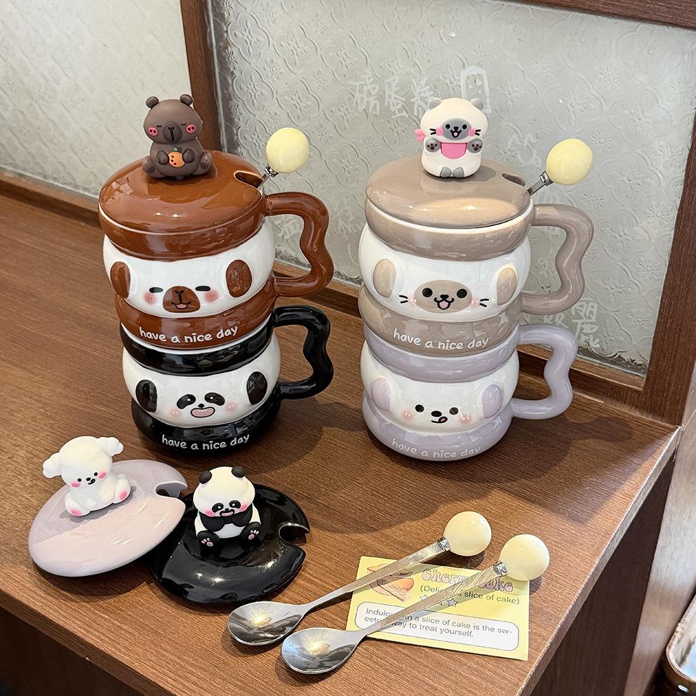 Cute Puppy Mug With Lid Spoon Wind Ceramic Cup Couple Water Cup Girls Household Breakfast Cup Children