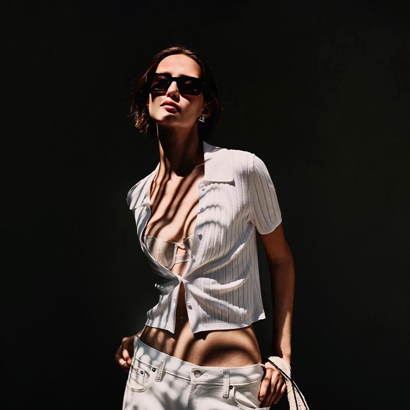 Calvin Klein Casual Striped Texture Polo Short Sleeve Knit Top Women tops White 47AB304-YAA