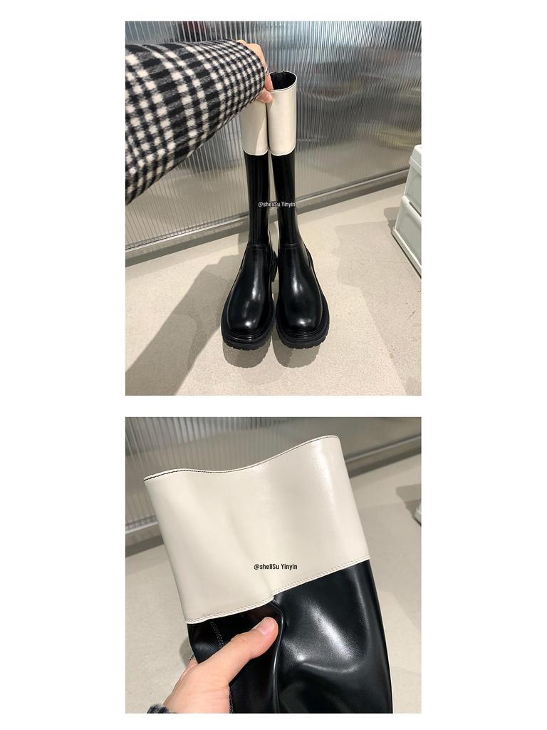 Su Yinyin Style Colorblock Round Toe Thick Sole Back Zipper Women's Riding Boots