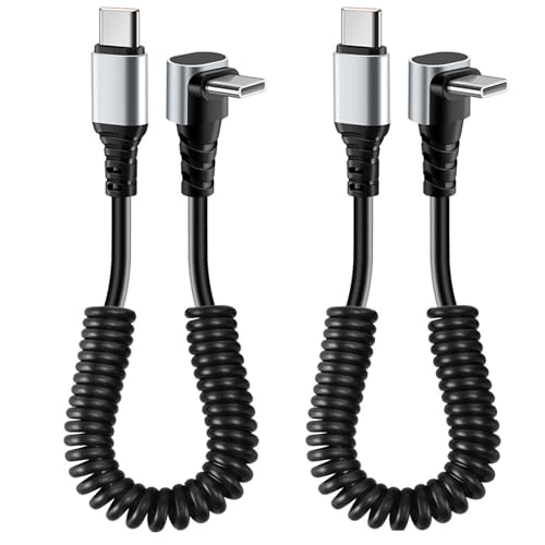 2 packs of 60W spiral telescopic USB-C fast charging data cable 90 degree elbow spring cable black