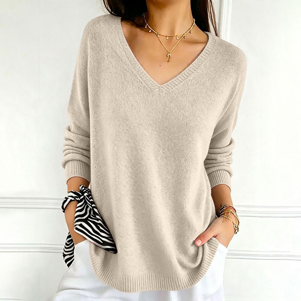 Women's Color V-Neck Long Sleeve Knit Sweater Casual Basic Lightweight Top for Daily Wear