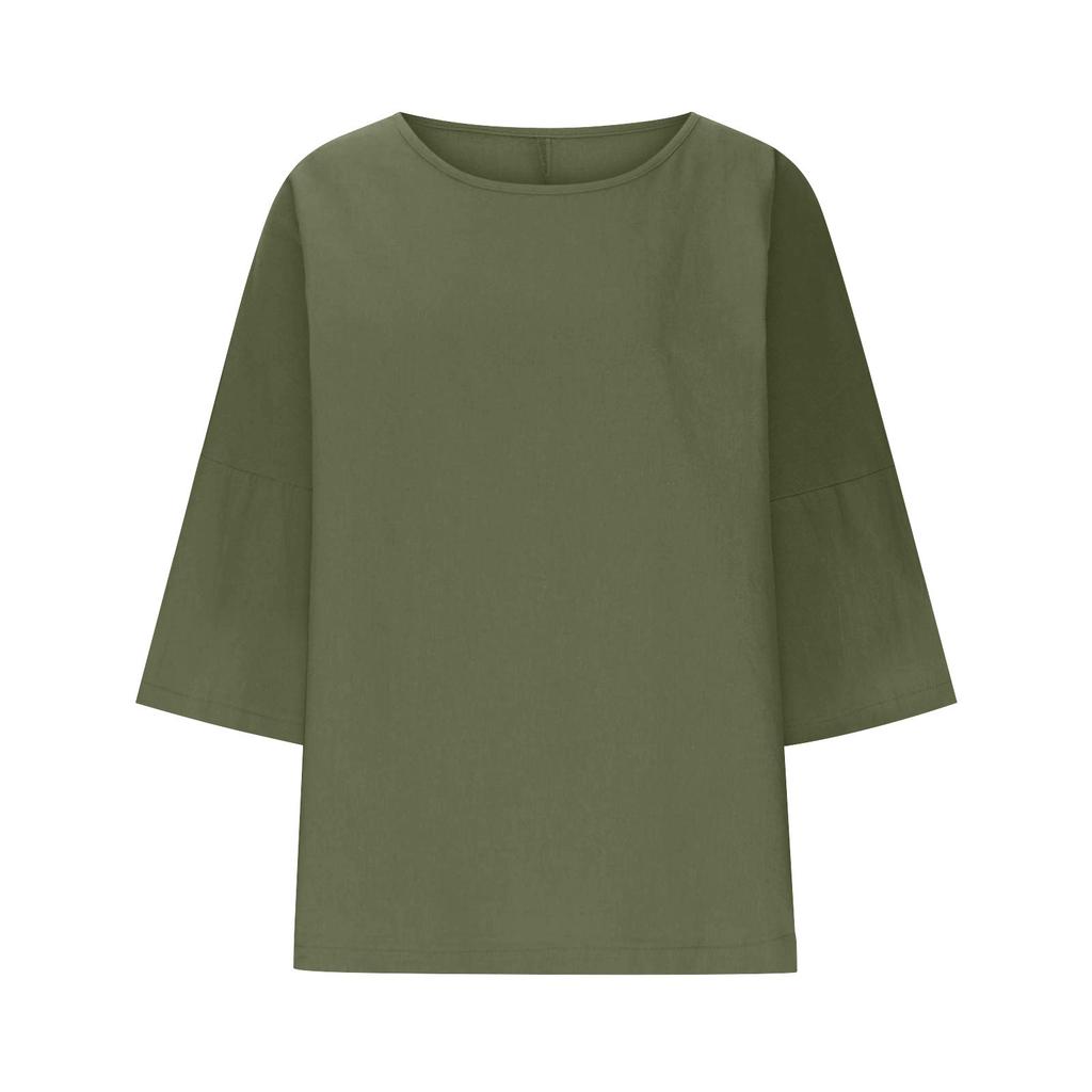 Women's Fashion Solid Color Casual T-Shirt Seven Sleeve Round Neck Cotton Top