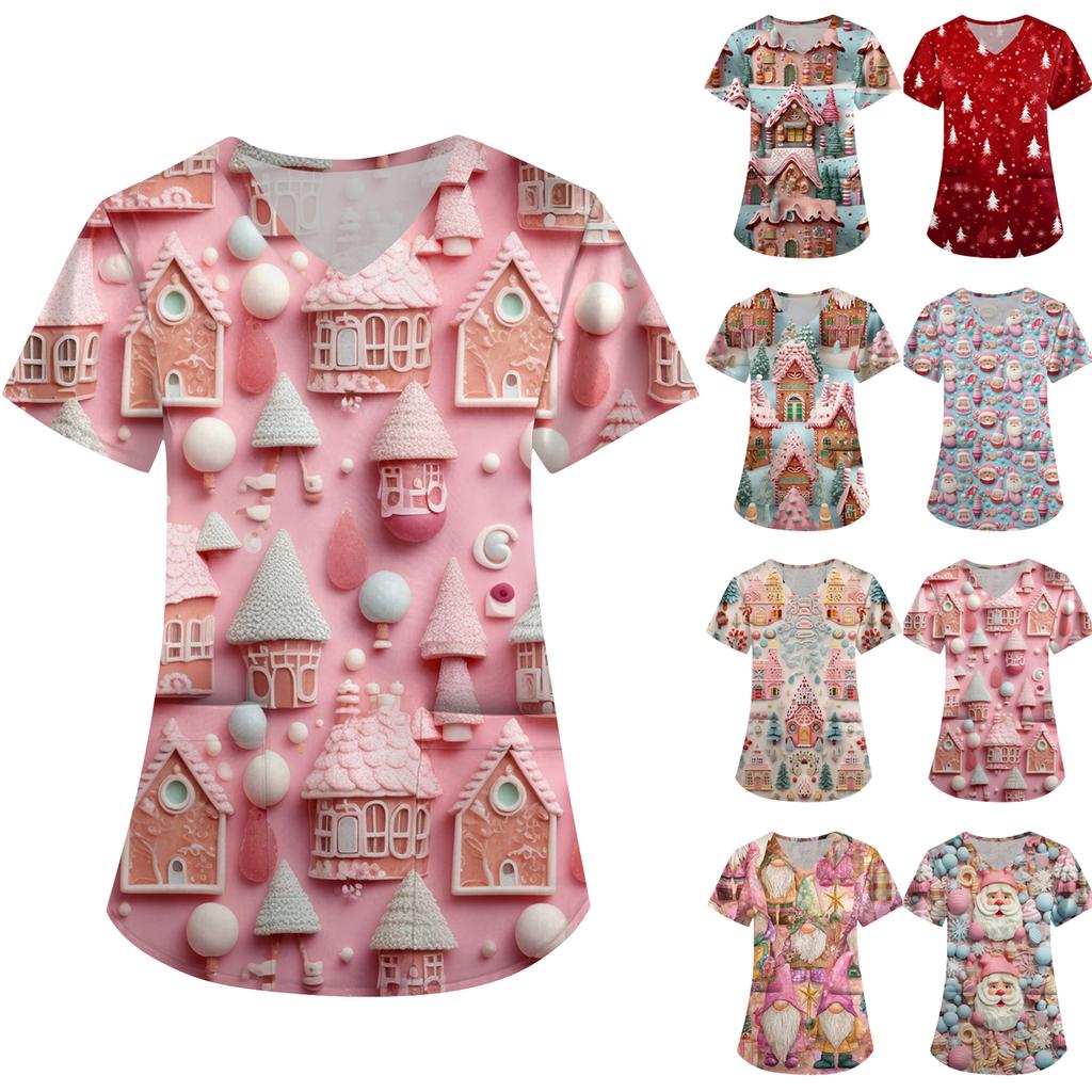 Women's Cute Printed Work Clothes V-neck Double Layer Pockets Basic Short Sleeve Top Pullover Valentines