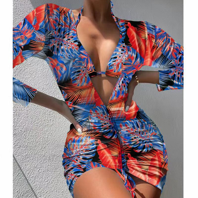 New Print Mesh Sun Protection Three-Piece Bikini Swimwear