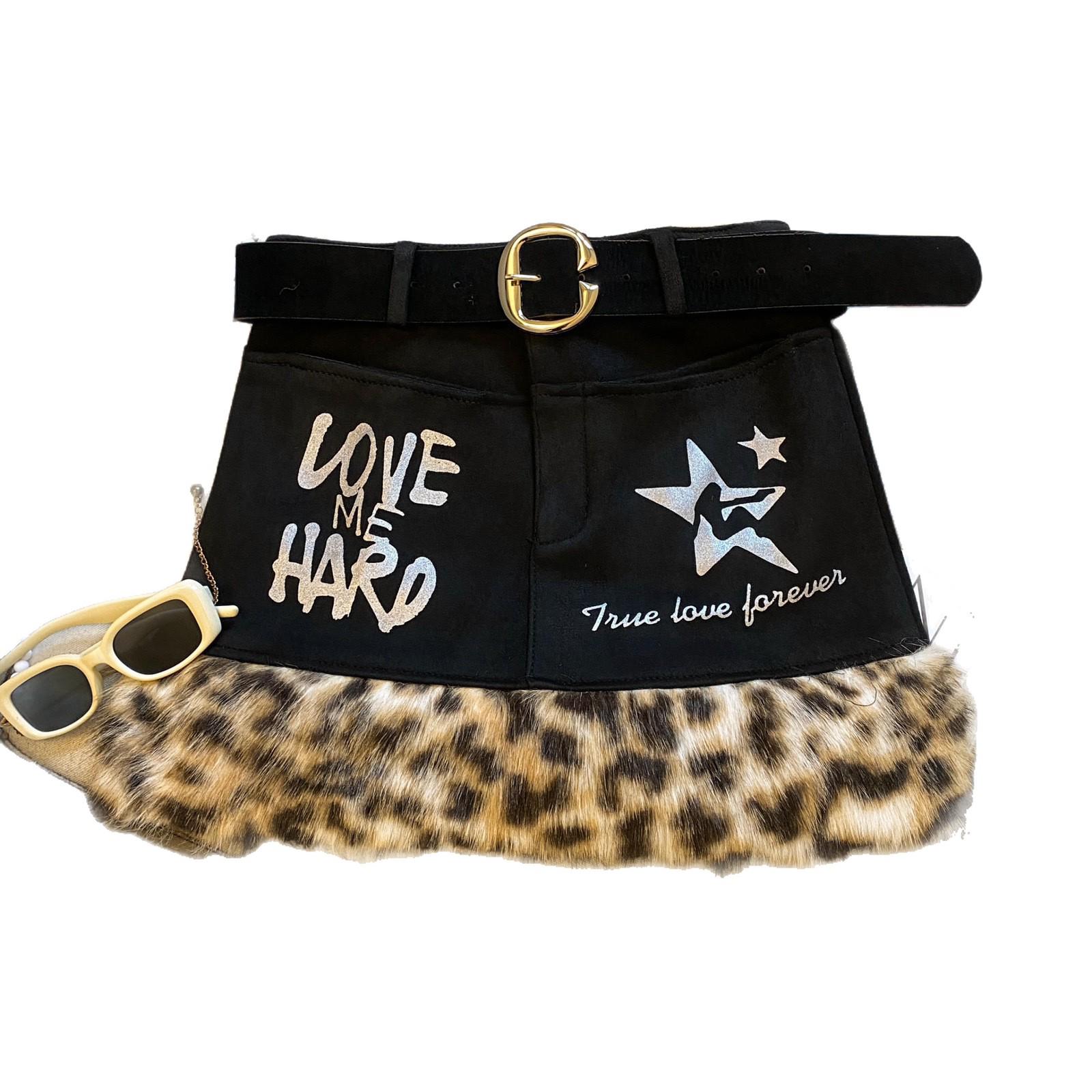 

Vintage Leopard Print Patchwork Mini Skirt - Low-Rise Autumn/Winter Style with Spicy Girl Subculture Lettering XL (without belt)