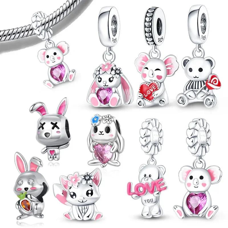 Copper Pink Heart Cute Animals Bear Rabbitcharms Beads Fit Colour Original Bracelet Jewelry For Women Diy