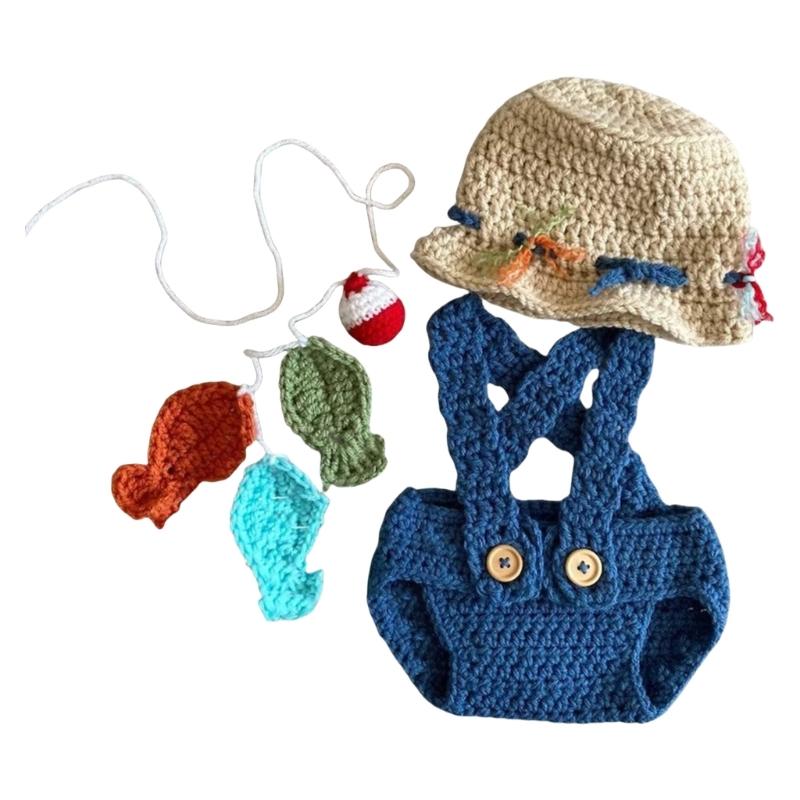 

Baby Photography Props Knitted Romper and Hat Set Fisherman Outfit Photo Shoot Clothes Baby Photography Costume Clothing 1