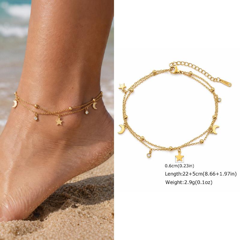Bracelet de Cheville Superposé Imperméable pour Femmes, Chaîne de Pied Ajustable en Acier Inoxydable Doré avec Zirconia, Bijou