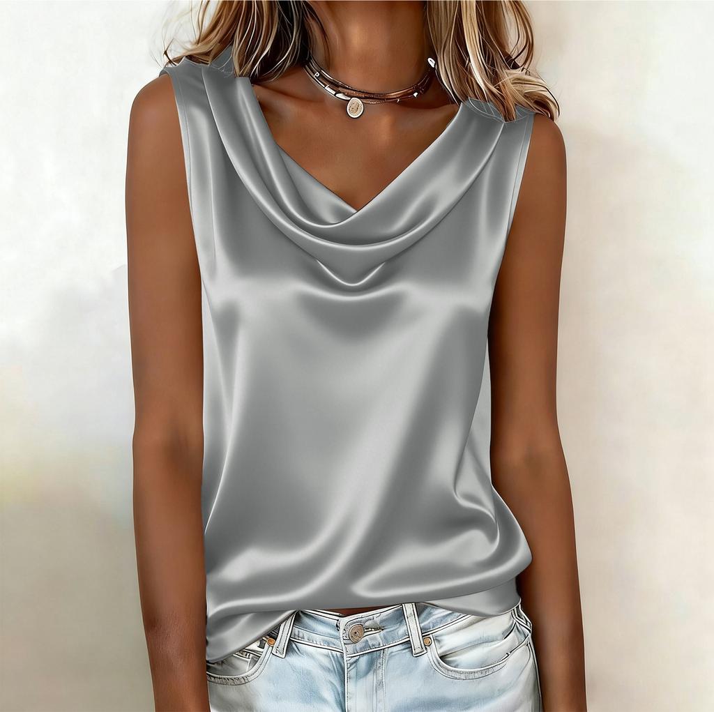 Women’s Sleeveless Satin Cowl Neck Blouse Relaxed Fit Pullover Top Lightweight Soft Tank Shirt for Daily Wear