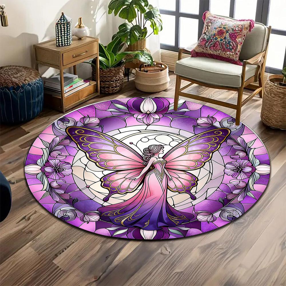 Fairy with Purple Butterfly Wings Print Round Rug, Living Room, Bedroom, Playroom Carpet, Non Slip Floor Mat, Gift