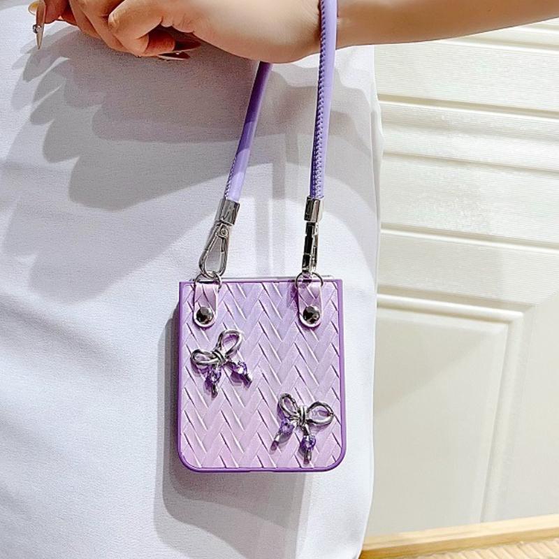 Luxury Gradient 3D Bow Weave Pattern Phone Case for Samsung Galaxy Z Flip 3 4 5 6 5G Flip6 With Lanyard Shockproof Back Cover