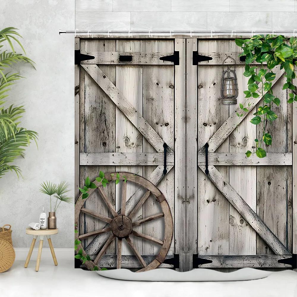 

Vintage Shower Curtain, Farm Spring Floral Rustic Planks Greenery Leaf Wheel Butterfly Polyester Fabric Print Bathroom Decor Set W60H190(CM)-1 Pcs