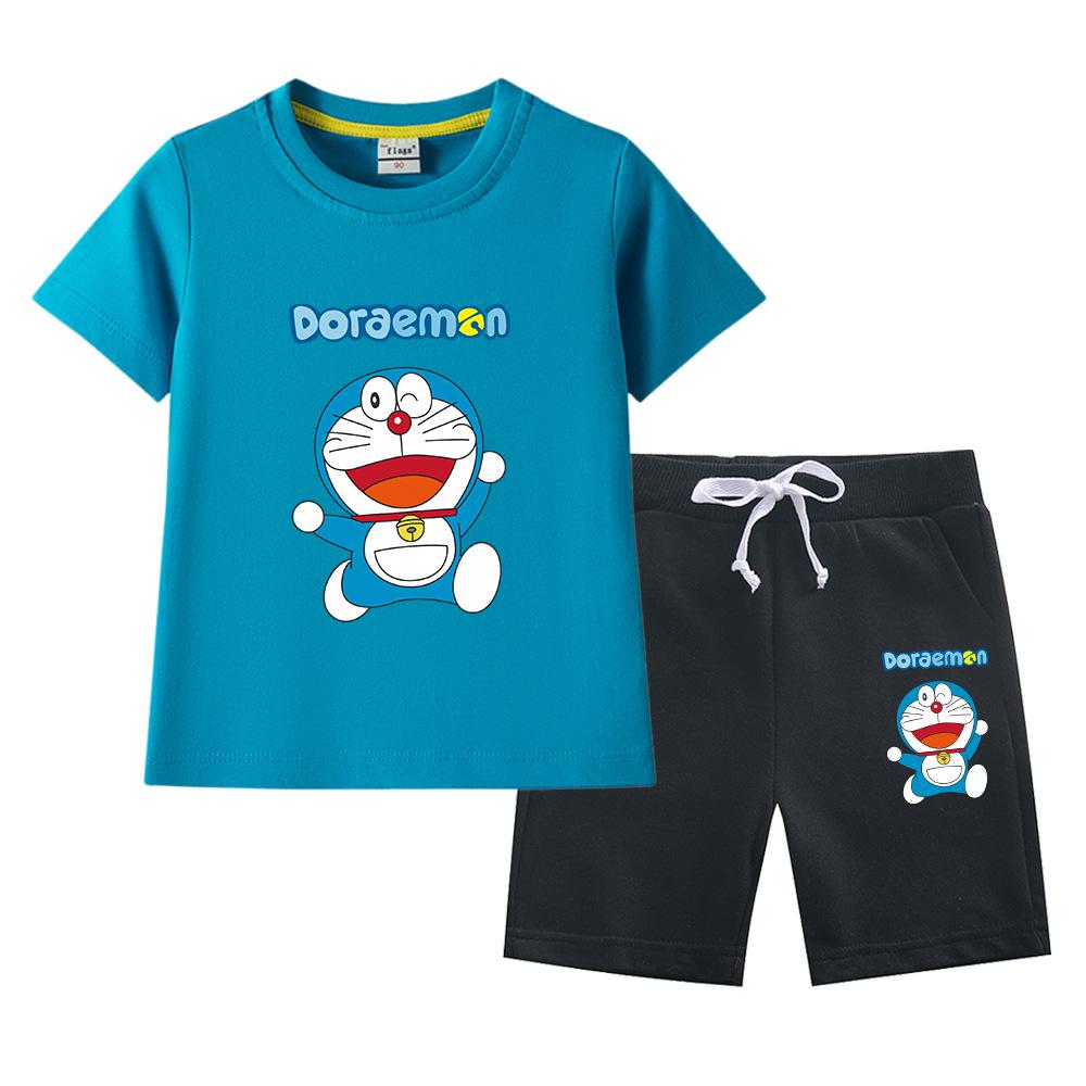 Doraemon Kids' Summer Set: Short-Sleeve T-shirt & Capris for Boys and Girls - Lightweight Casual Two-Piece.