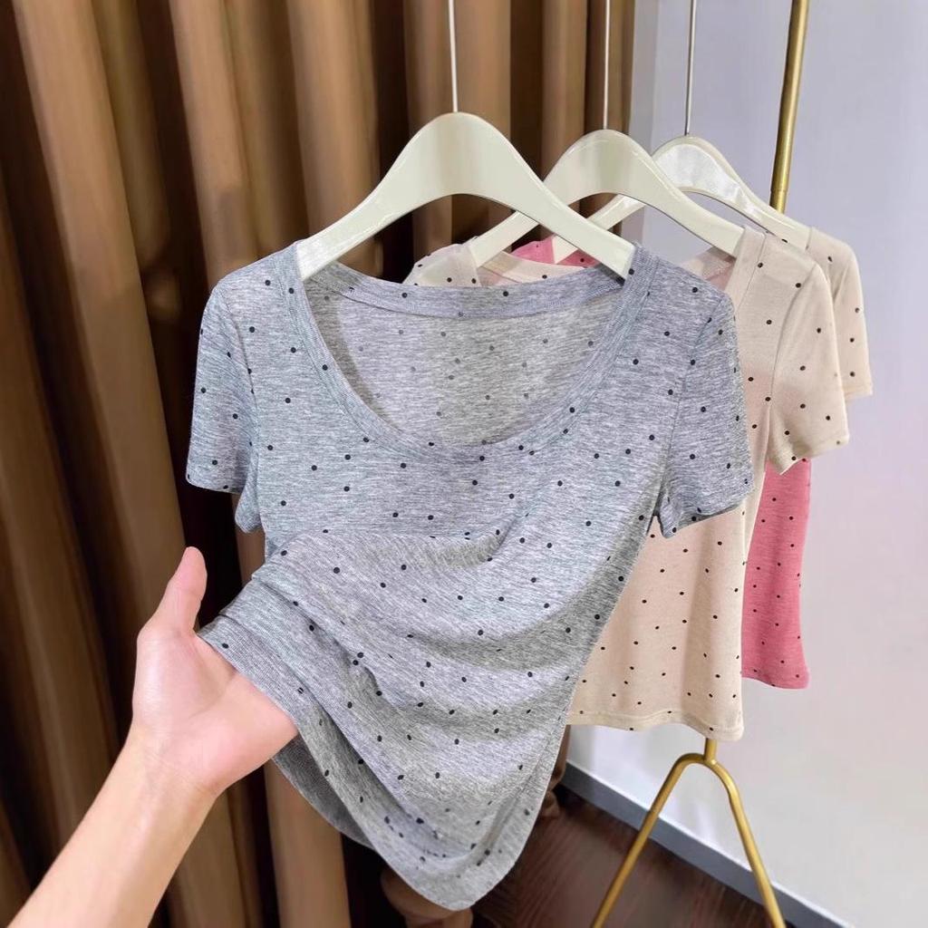 Women's Ultra-Thin Polka Dot Low-Neck Short-Sleeve Knit Top for Summer 2024