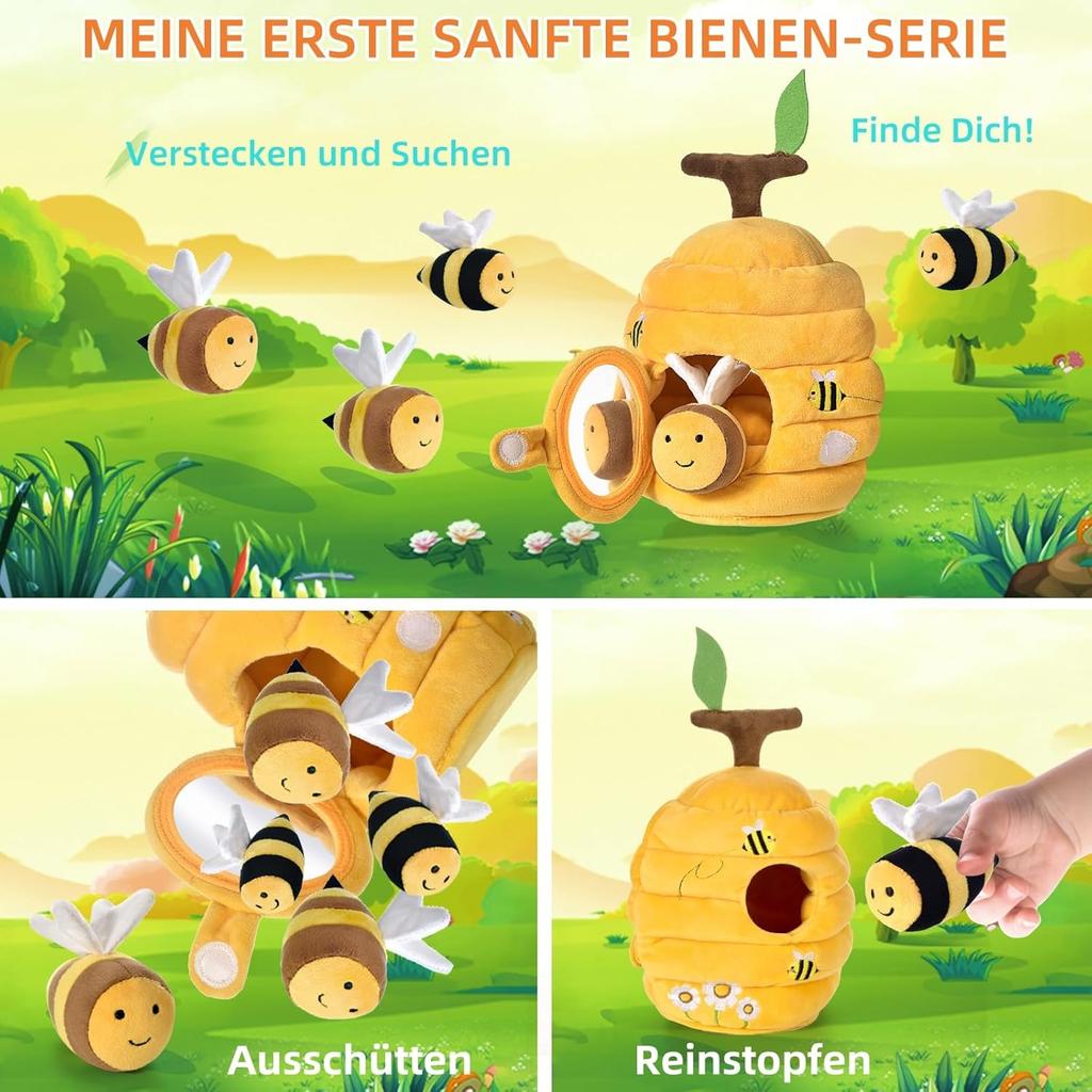 Babyspielzeug 6-12 Monate, 6-in-1 Baby-Bienenstock mit 5 Bienen Montessori Sensorisches Spielzeug mit Scheune, Rassel, Spiegel, Pädagogische Spiele für Kinder und Motorik