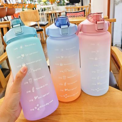Botella de Agua de Gran Capacidad 2L Taza con Pajita Color Degradado Vasos de Agua de Plástico con Marcador de Tiempo Botella Deportiva para Exteriores y Fitness