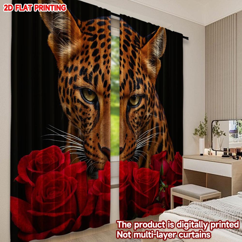 Set Of 2 Flat Printing Happy Valentine Day Party Curtains Leopard Digital Printed Polyester Drapes Curtain