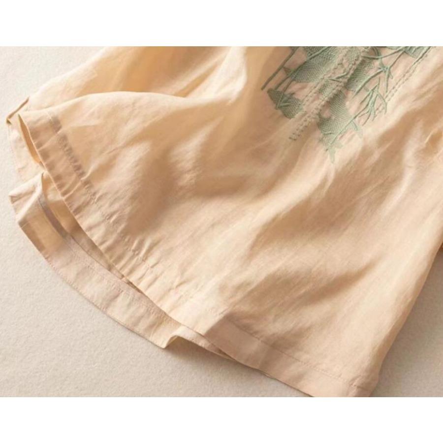 Cotton Linen Blouse Summer Retro Casual Embroidery Shirt Women's Top Short Sleeve Round Neck Blouses
